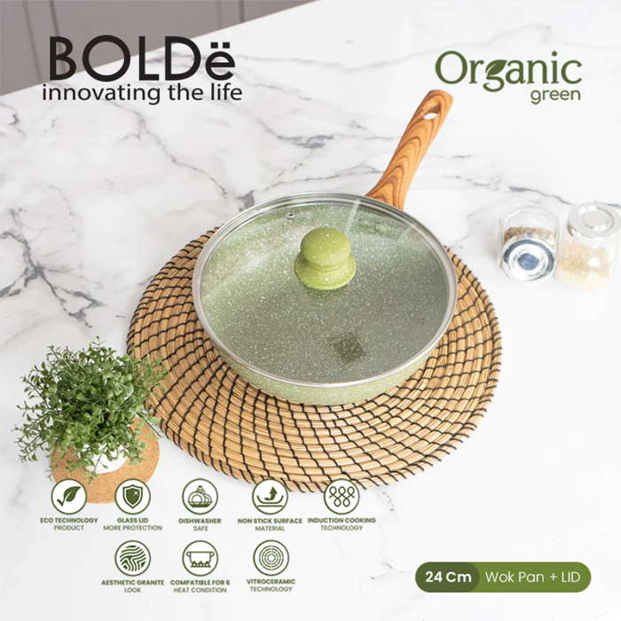 Bolde Organic Green Wok Pan 24 cm + Glass Lid